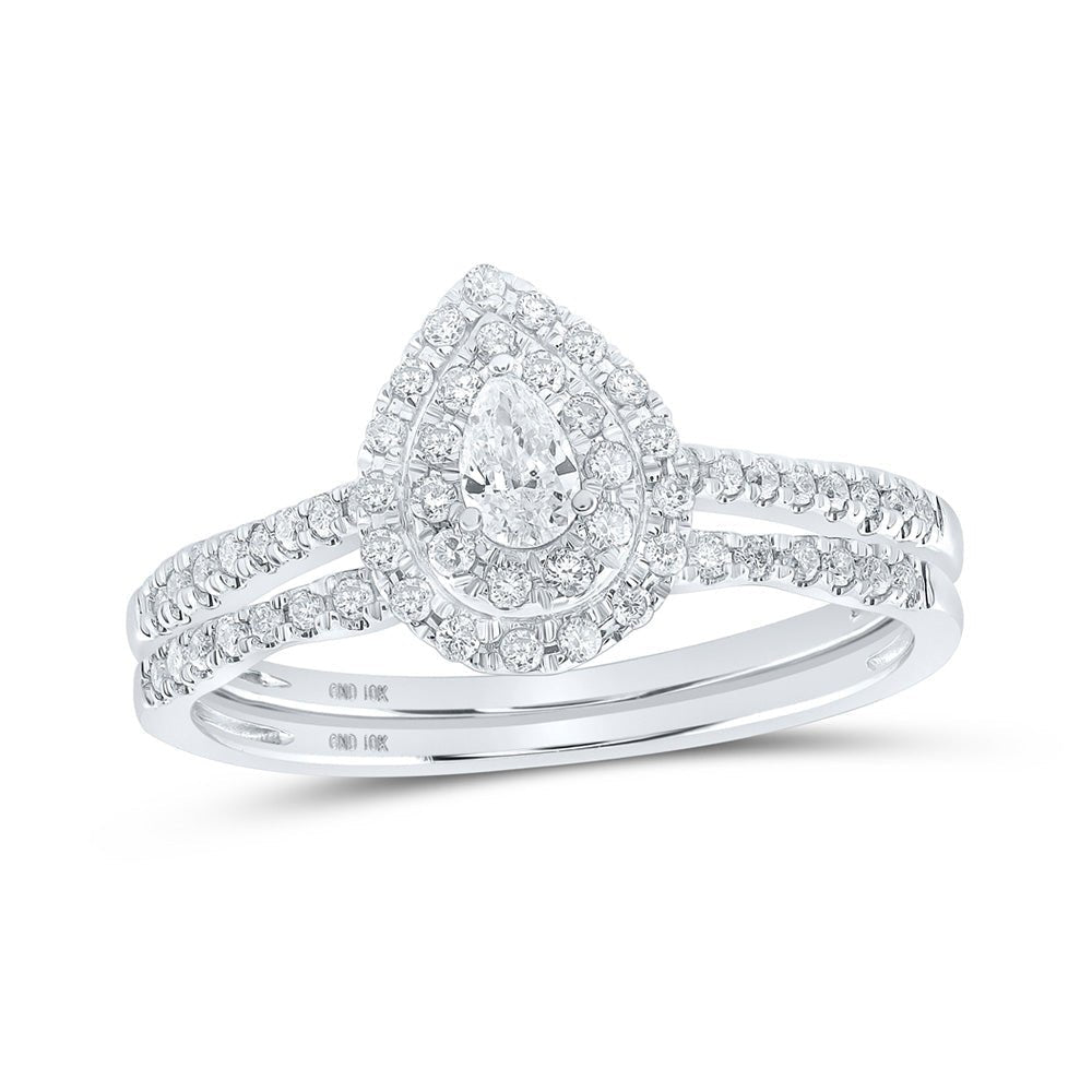 Dazzling Love Story | 10kt White Gold Pear Diamond Halo Bridal Wedding Ring Band Set 3/8 Cttw | Splendid Jewellery - Splendid Jewellery