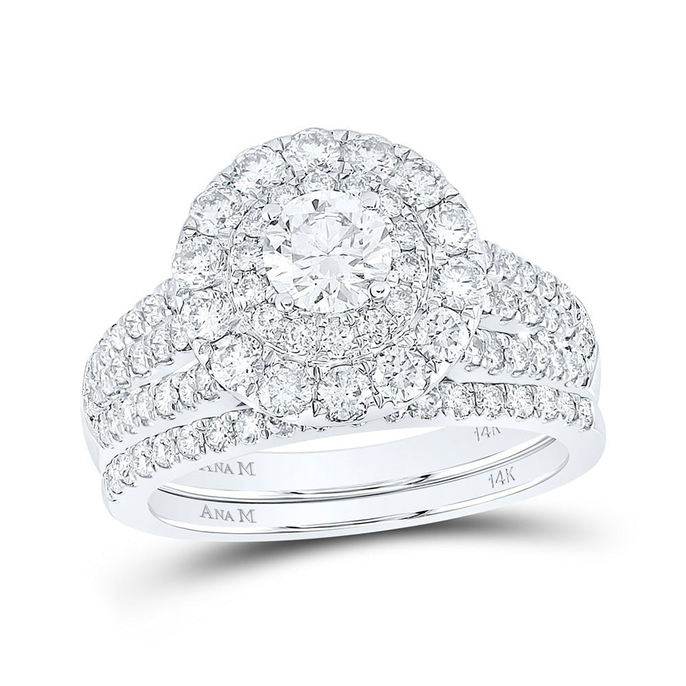 Diamond Brilliance: 14kt White Gold Round Halo Bridal Wedding Ring Set with Blue Sapphire - Splendid Jewellery