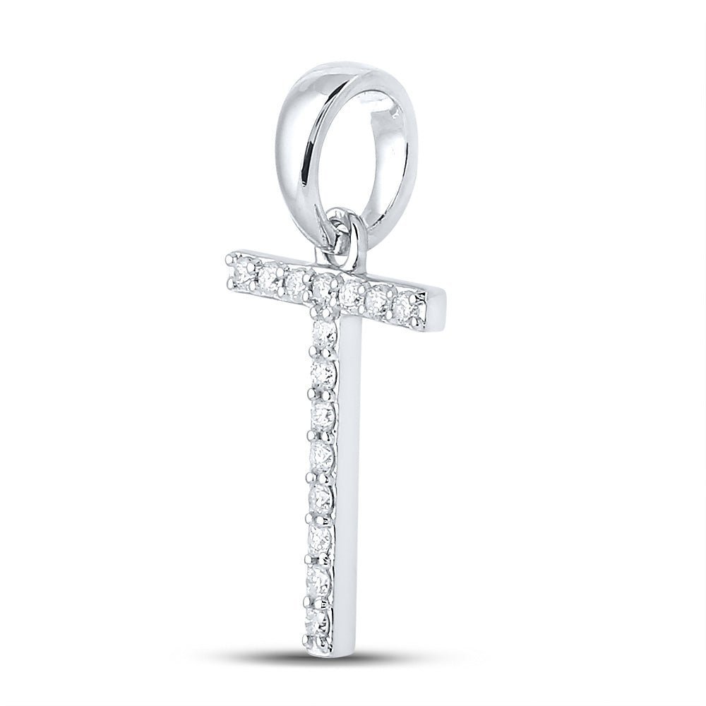 Elegant Diamond Initial Sparkler: 10kt White Gold Womens Round Diamond Initial T Letter Pendant 1/8 Cttw - Splendid Jewellery