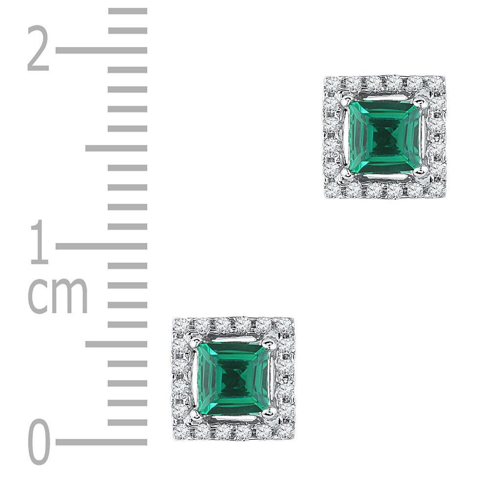 Emerald Brilliance: 10kt White Gold Princess Cut Lab - Created Emerald Stud Earrings with Diamond Accents - Splendid Jewellery