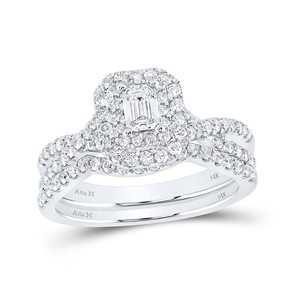 Emerald Brilliance: 14kt White Gold Diamond Halo Bridal Wedding Ring Band Set - Splendid Jewellery