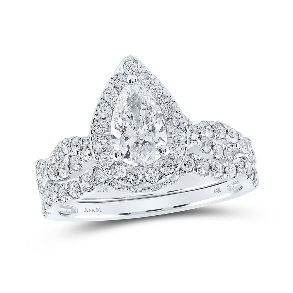 Enchanting 14kt White Gold Pear Diamond Halo Bridal Wedding Ring Band Set - A Mesmerizing Love Story - Splendid Jewellery