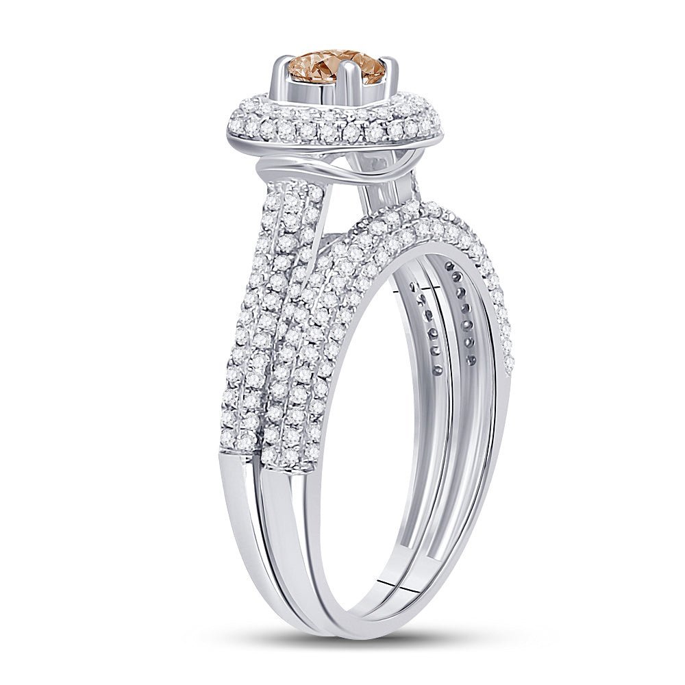 Enchanting 14kt White Gold Womens Round Brown Diamond Bridal Wedding Ring Band Set - Splendid Jewellery