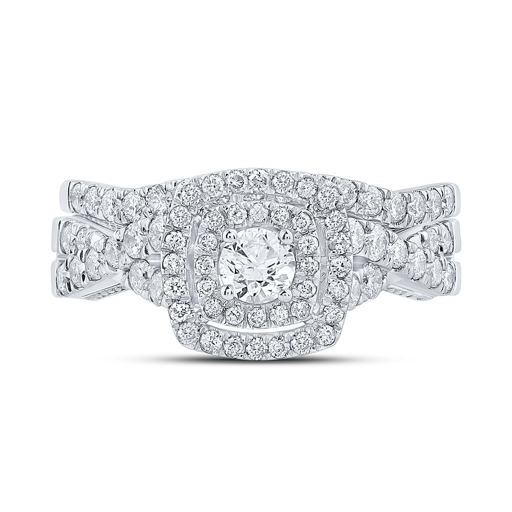 Enchanting Brilliance: 14kt White Gold Diamond Halo Bridal Wedding Ring Band Set - Splendid Jewellery