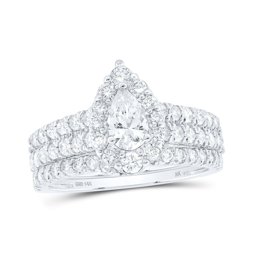 Enchanting Brilliance: 14kt White Gold Pear Diamond Halo Bridal Wedding Ring Band Set 1 - 1/2 Cttw - Splendid Jewellery