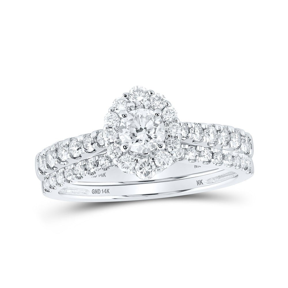Enchanting Brilliance: 14kt White Gold Round Diamond Halo Bridal Wedding Ring Band Set 1 Cttw - Splendid Jewellery