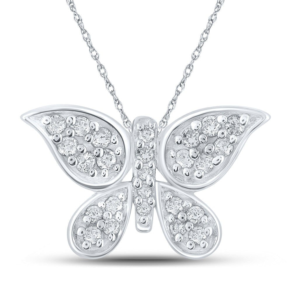 Enchanting Diamond Butterfly Pendant | 10kt White Gold Womens Round Diamond Pendant 1/6 Cttw - Splendid Jewellery