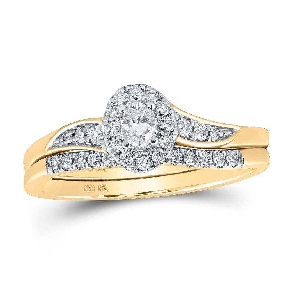 Enchanting Elegance: 10kt Yellow Gold Oval Diamond Halo Bridal Wedding Ring Band Set 1/3 Cttw - Splendid Jewellery