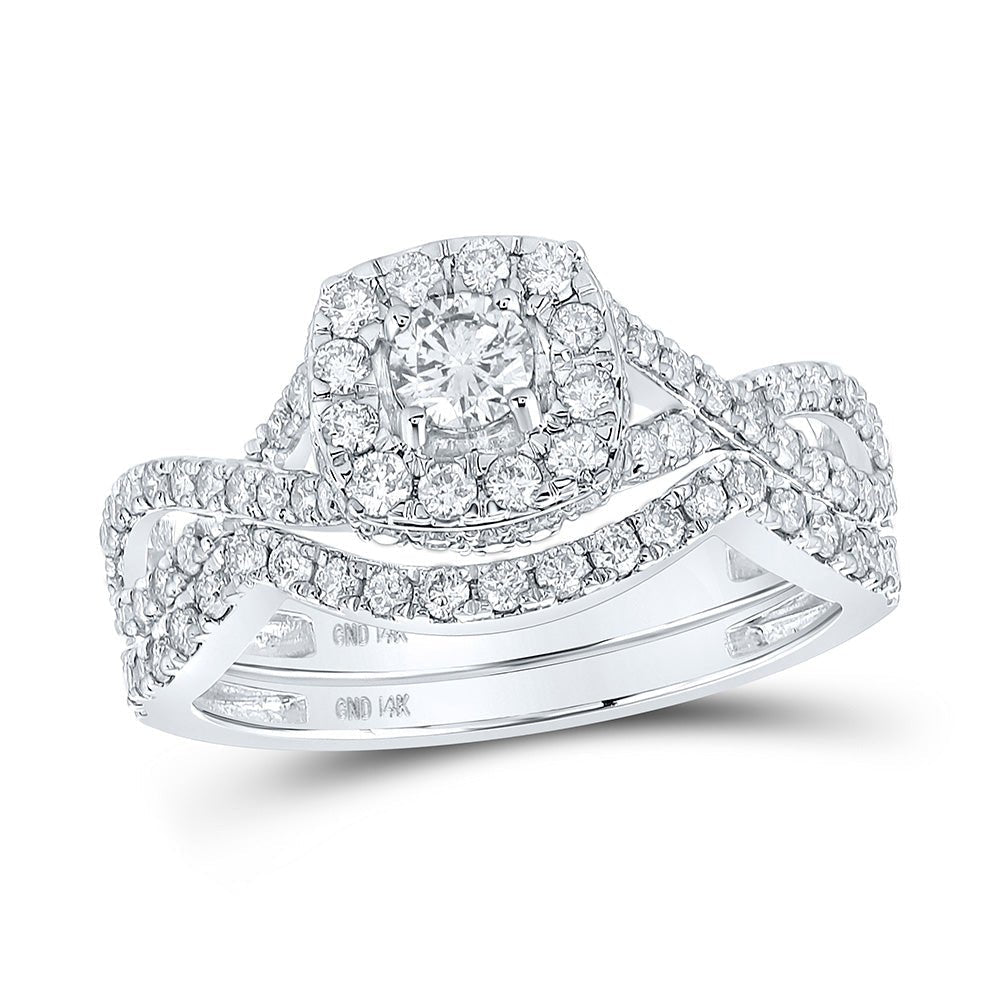 Enchanting Elegance: 14kt White Gold Diamond Halo Bridal Wedding Ring Set - Splendid Jewellery