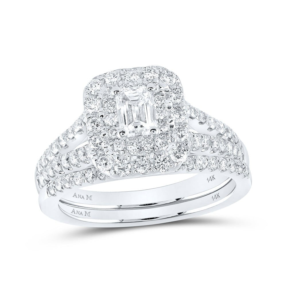 Enchanting Elegance: 14kt White Gold Emerald Diamond Halo Bridal Wedding Ring Band Set 1 - 1/2 Cttw - Splendid Jewellery