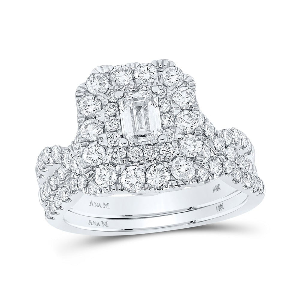 Enchanting Elegance 14kt White Gold Emerald Diamond Halo Bridal Wedding Ring Band Set - Splendid Jewellery