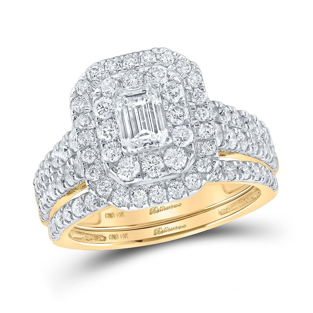 Enchanting Elegance: 14kt Yellow Gold Emerald Diamond Halo Bridal Wedding Ring Band Set 2 Cttw - Splendid Jewellery