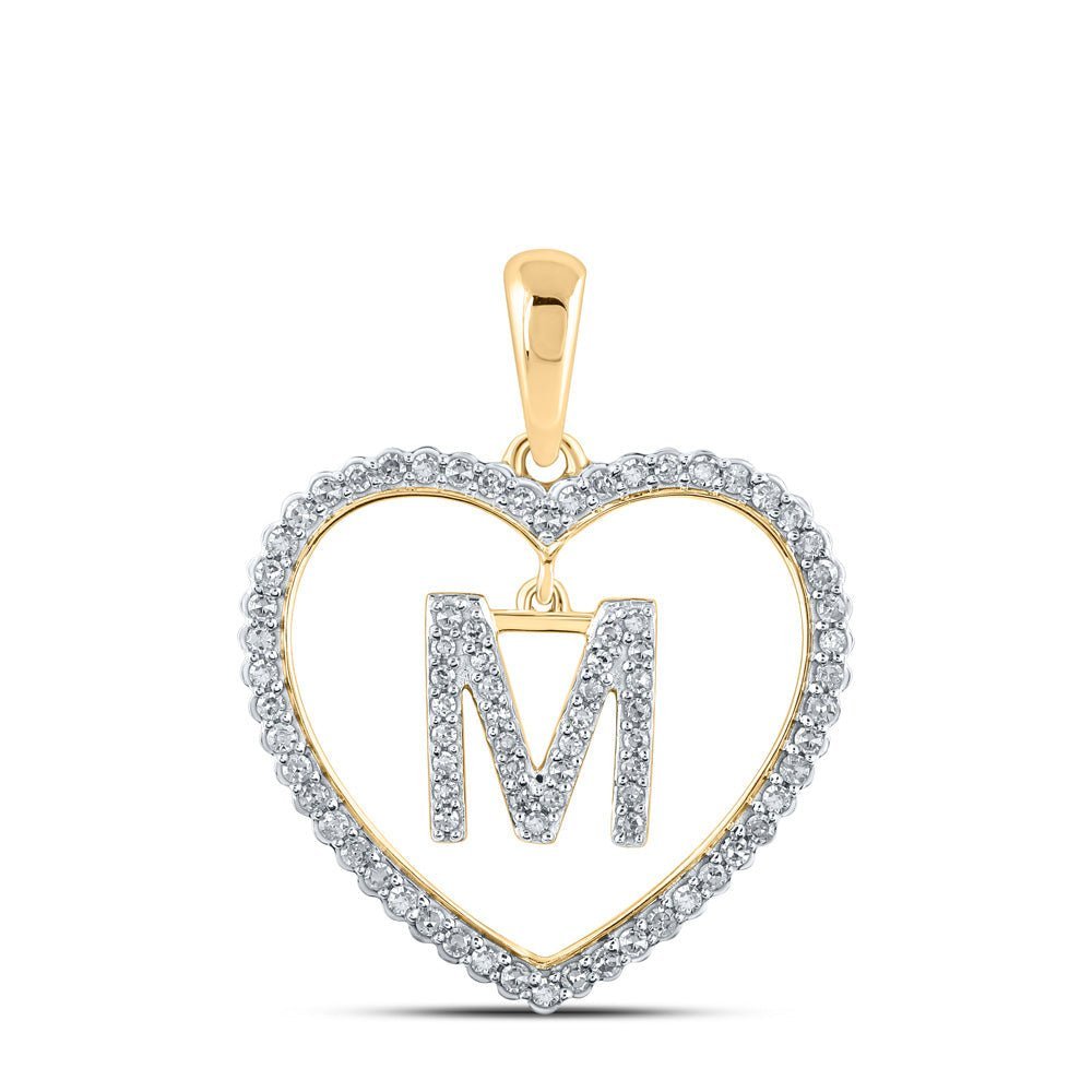 Enchanting Love Initial Pendant | 10kt Yellow Gold Womens Round Diamond Heart M Letter Pendant 1/4 Cttw | Splendid Jewellery - Splendid Jewellery