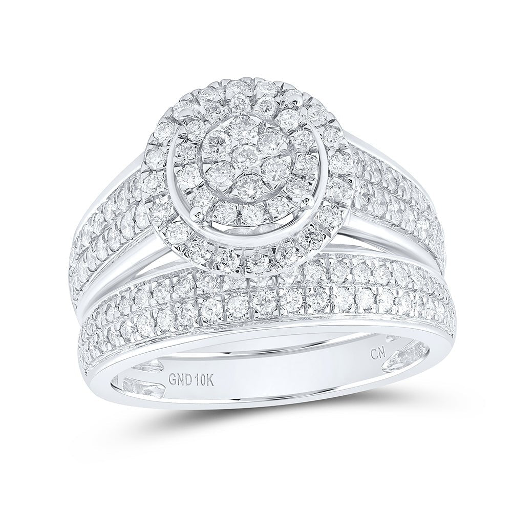 Enchanting Love Story | 10kt White Gold His Hers Round Diamond Cluster Matching Wedding Set 1 - 3/4 Cttw - Splendid Jewellery