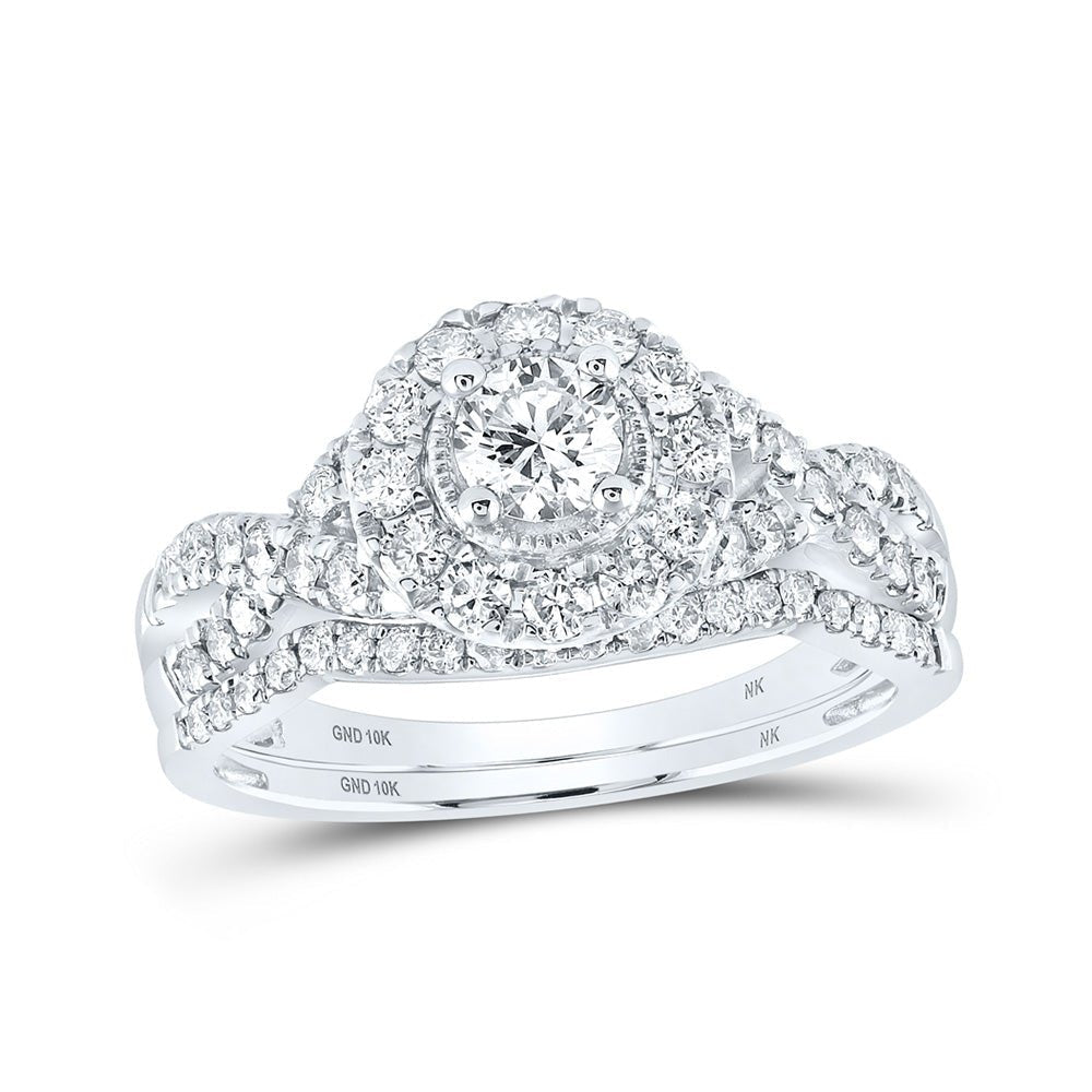 Enchanting Love Story | 10kt White Gold Round Diamond Halo Bridal Wedding Ring Band Set 1 Cttw - Splendid Jewellery