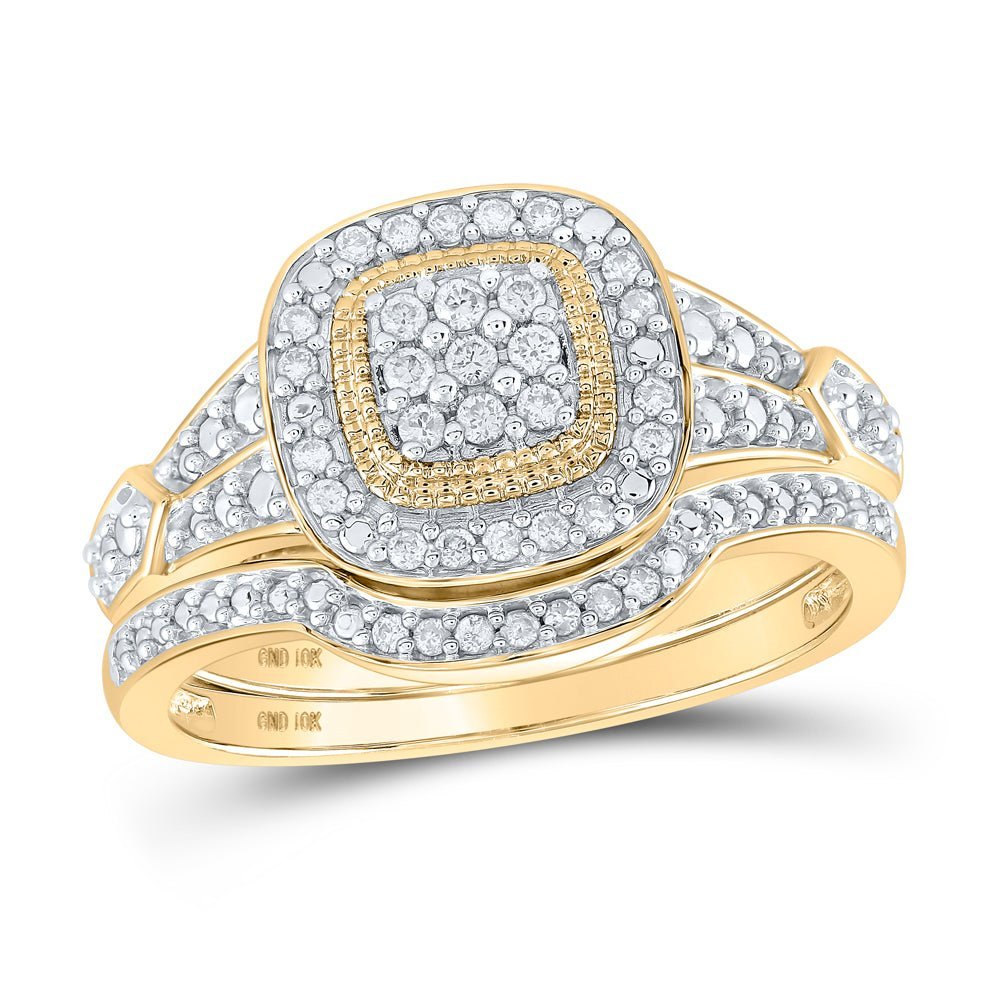 Enchanting Love Story | 10kt Yellow Gold Round Diamond Cluster Bridal Wedding Ring Band Set 1/5 Cttw - Splendid Jewellery