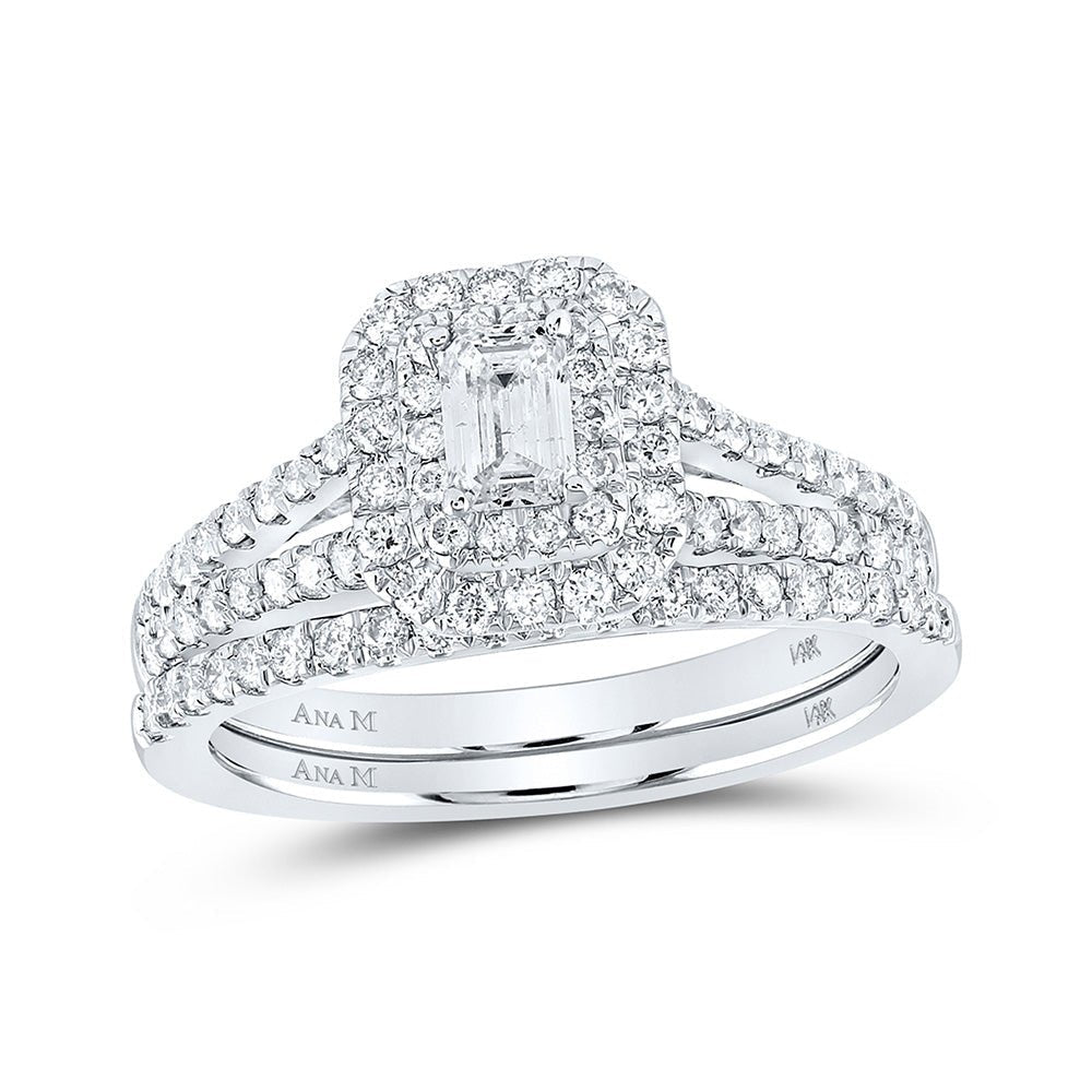 Enchanting Love Story 14kt White Gold Emerald Diamond Halo Bridal Wedding Ring Band Set - Splendid Jewellery