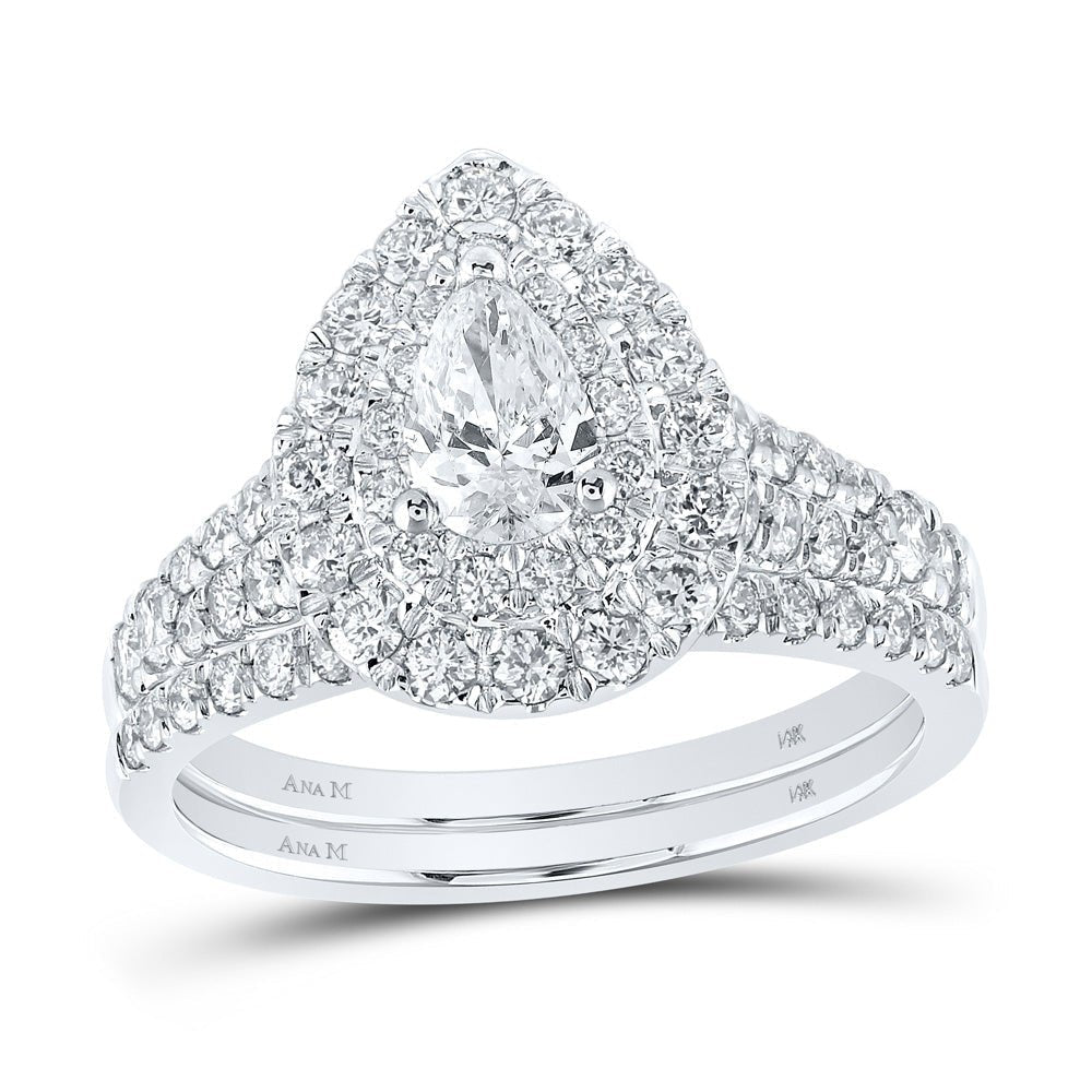 Enchanting Love Story | 14kt White Gold Pear Diamond Halo Bridal Wedding Ring Band Set 1 - 1/2 Cttw - Splendid Jewellery