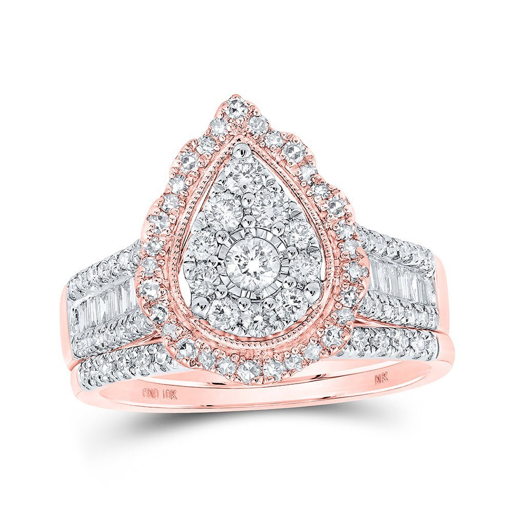 Enchanting Rose Gold Diamond Teardrop Bridal Wedding Ring Set - Splendid Jewellery