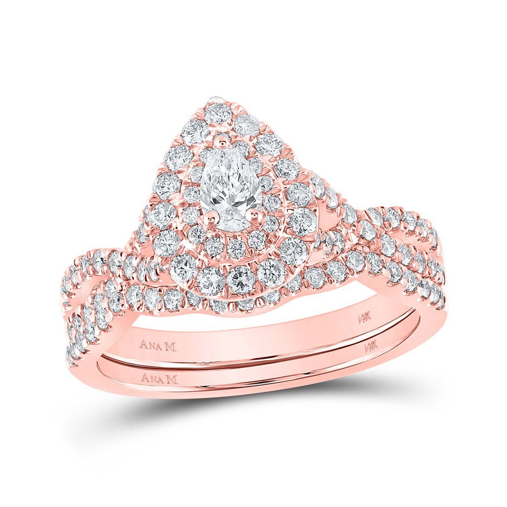 Enchanting Rose Gold Halo Pear Diamond Wedding Ring Set - Splendid Jewellery