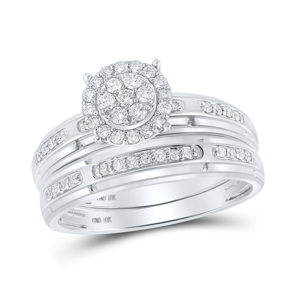 Eternal Love: 10kt White Gold His Hers Round Diamond Cluster Wedding Set - Splendid Jewellery