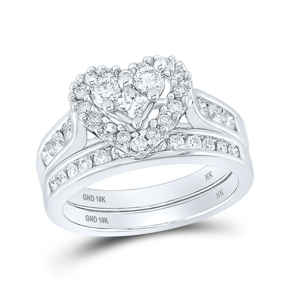Eternal Love 10kt White Gold Princess Diamond Heart Bridal Wedding Ring Band Set 1 Cttw - Splendid Jewellery