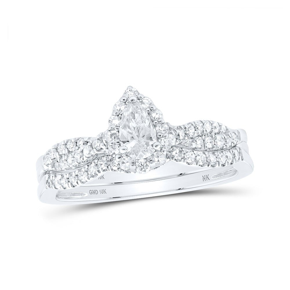 Eternal Sparkle | 10kt White Gold Pear Diamond Halo Bridal Wedding Ring Band Set 1/2 Cttw - Splendid Jewellery