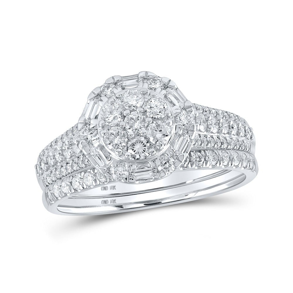 Ethereal Elegance: 10kt White Gold Diamond Halo Cluster Bridal Wedding Ring Band Set 1 Cttw - Splendid Jewellery