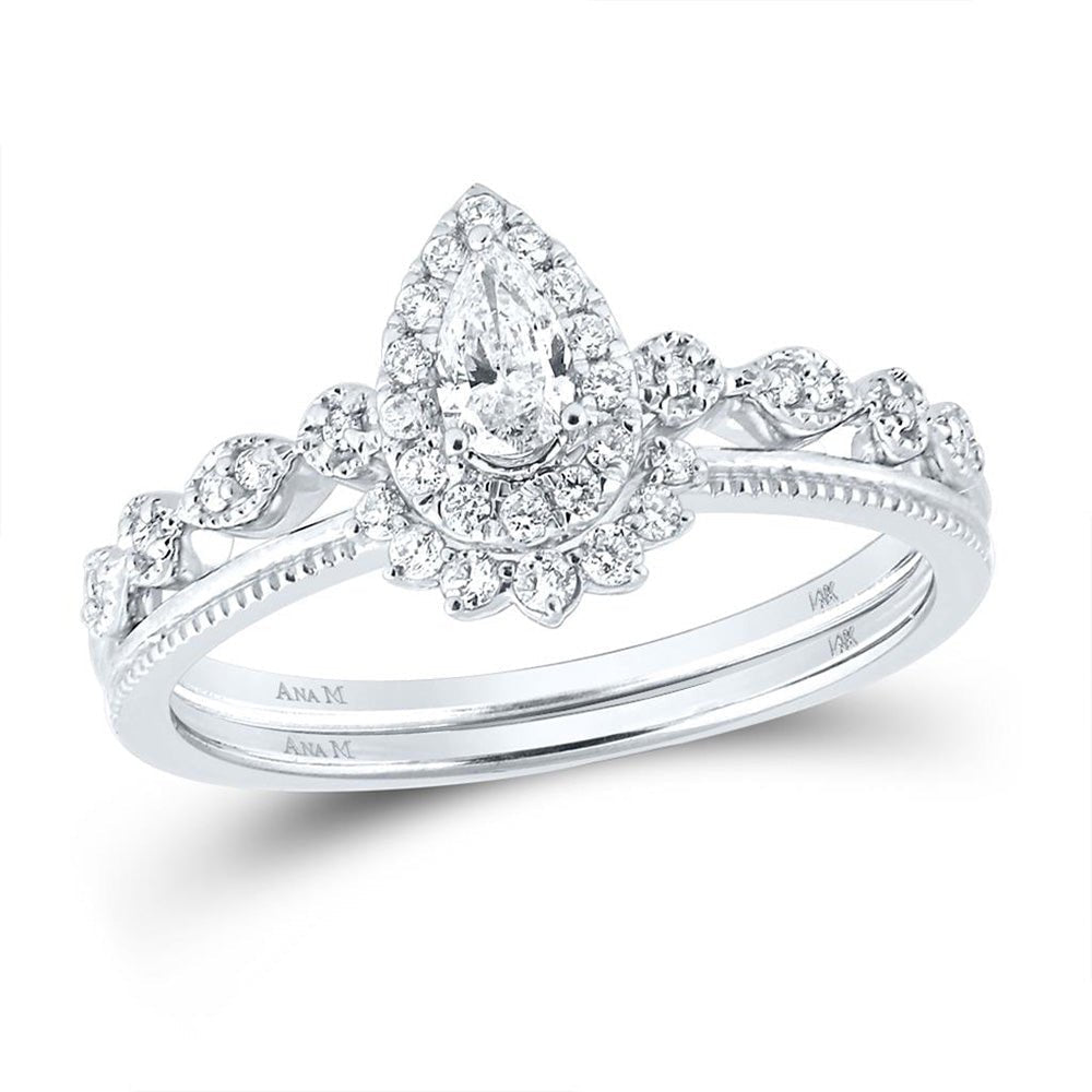 Ethereal Elegance: 14kt White Gold Pear Diamond Bridal Wedding Ring Band Set - Splendid Jewellery