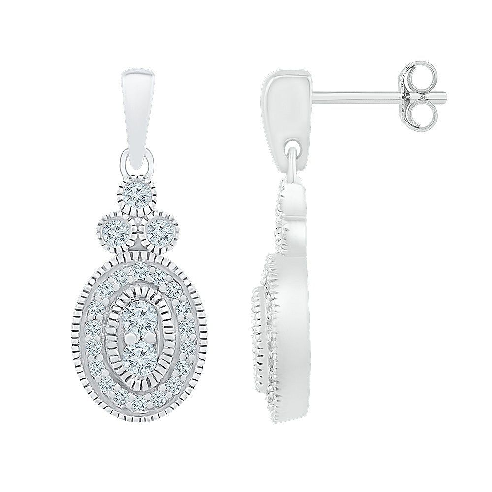 Exquisite Brilliance: 10kt White Gold Womens Round Diamond Oval Dangle Earrings - Splendid Jewellery