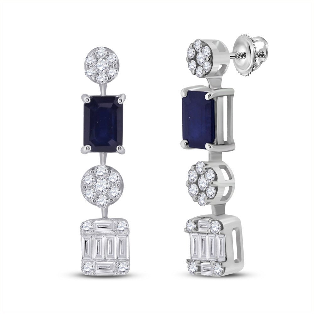 Exquisite Majesty: 14kt White Gold Womens Emerald Blue Sapphire Diamond Dangle Earrings - Splendid Jewellery