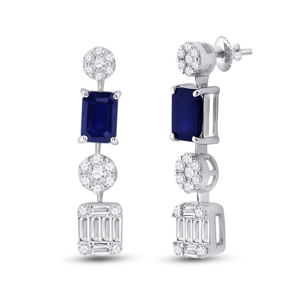 Exquisite Majesty: 14kt White Gold Womens Emerald Blue Sapphire Diamond Dangle Earrings - Splendid Jewellery