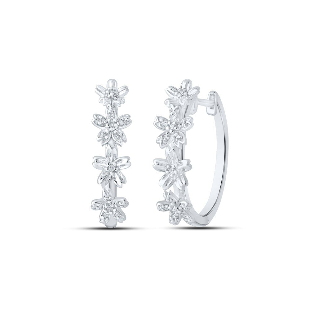 Floral Brilliance: 10kt White Gold Round Diamond Flower Hoop Earrings - Splendid Jewellery