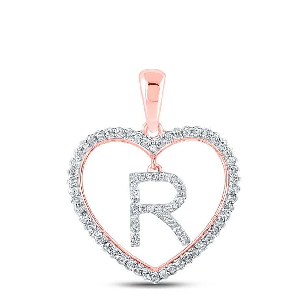 Heartfelt Diamond Initial Pendant | 10kt Rose Gold Womens Round Diamond Heart R Letter Pendant 1/4 Cttw | Splendid Jewellery - Splendid Jewellery