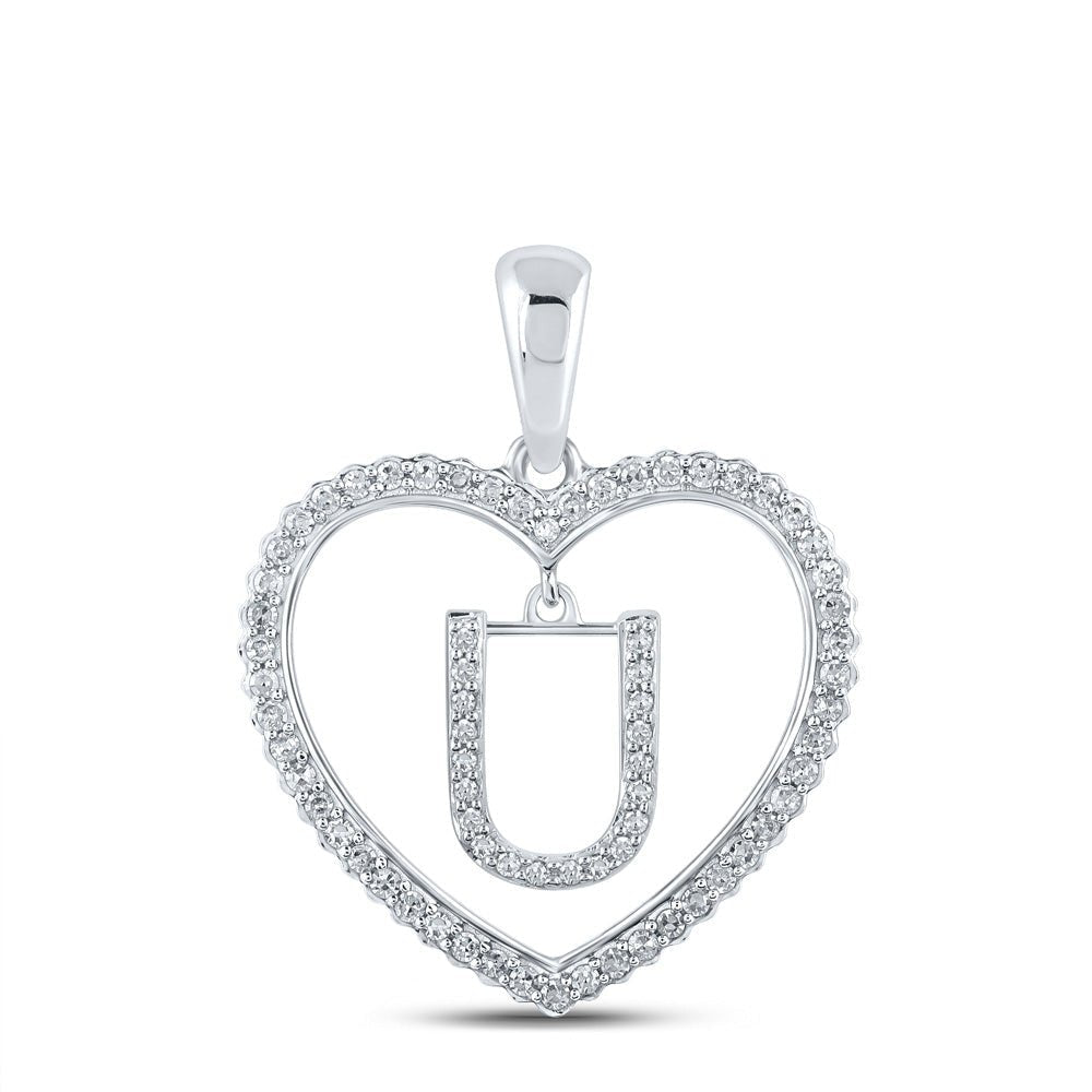 Heartfelt Diamond Initial Pendant - 10kt White Gold Womens Round Diamond U Letter Pendant 1/4 Cttw - Splendid Jewellery