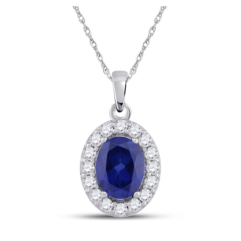 Oceanic Elegance: 10kt White Gold Oval Lab - Created Blue Sapphire Solitaire Pendant - Splendid Jewellery