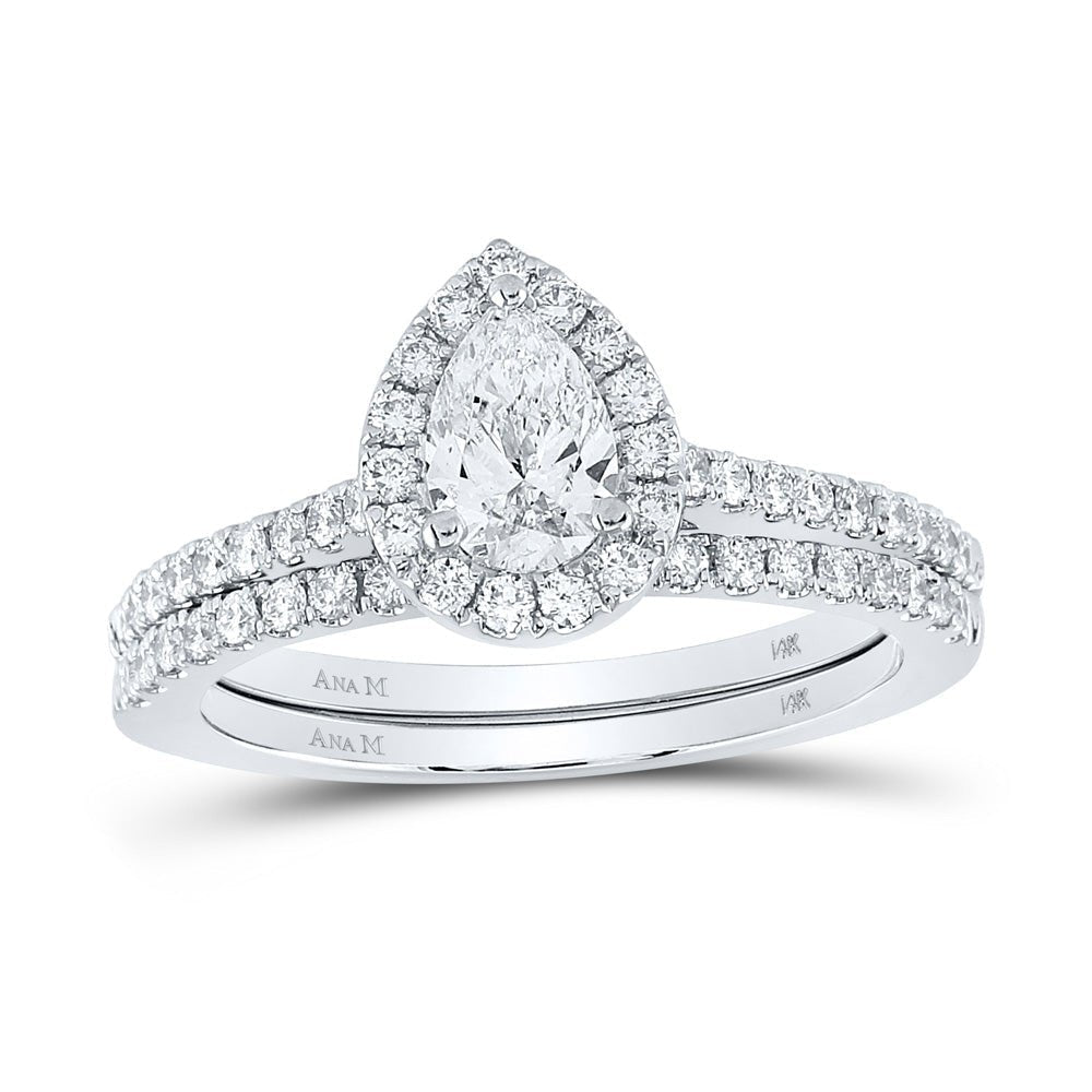 Pear Elegance: 14kt White Gold Diamond Halo Bridal Wedding Ring Band Set - Splendid Jewellery