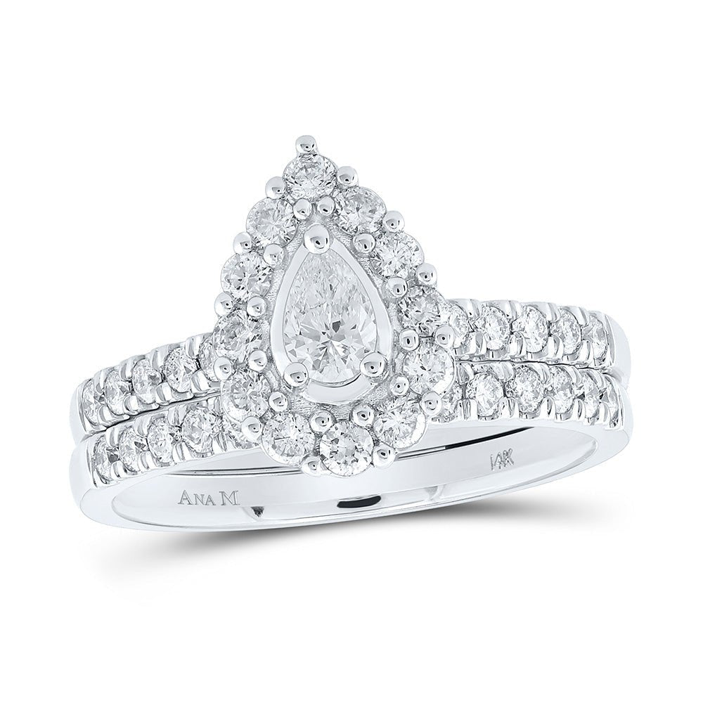 Pear Sparkle: 14kt White Gold Diamond Halo Bridal Wedding Ring Band Set - Splendid Jewellery