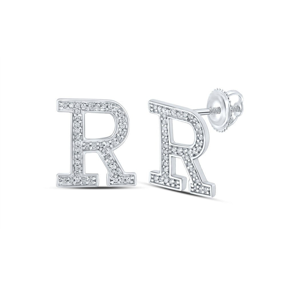 Personalized Brilliance: 10kt White Gold Womens Round Diamond R Initial Letter Earrings 1/6 Cttw - Splendid Jewellery