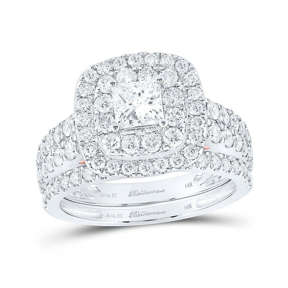 Princess Brilliance: 14kt White Gold Diamond Halo Bridal Wedding Ring Band Set - Splendid Jewellery