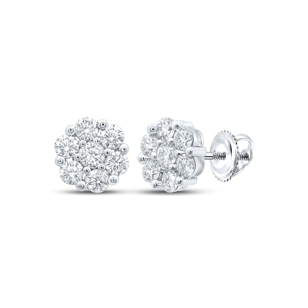 Radiant Blooms: 14kt White Gold Womens Round Diamond Flower Cluster Earrings 2 - 1/4 Cttw - Splendid Jewellery