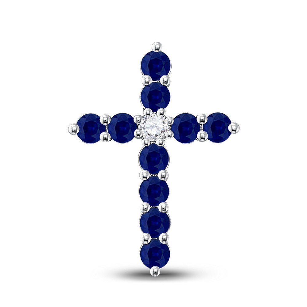Radiant Blue Sapphire Cross Pendant | 10kt White Gold Womens Gemstone Cross Pendant 7/8 Cttw - Splendid Jewellery
