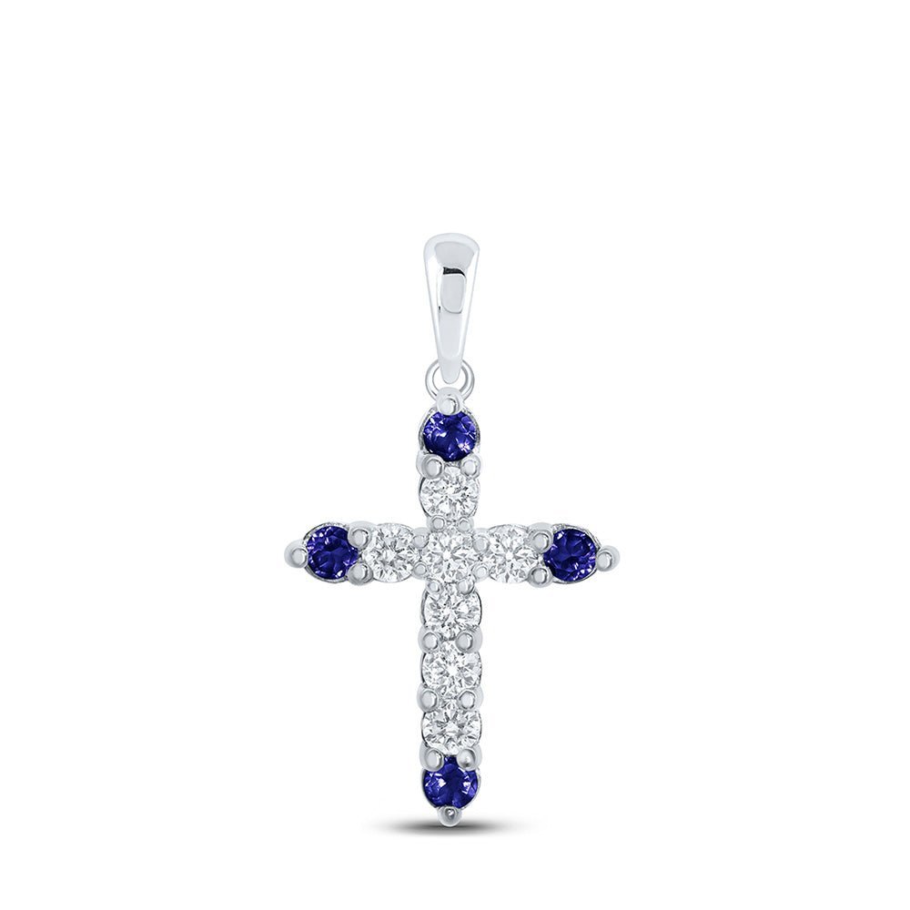 Radiant Blue Sapphire Diamond Cross Pendant | 10kt White Gold Women's 1/2 Cttw | Splendid Jewellery - Splendid Jewellery