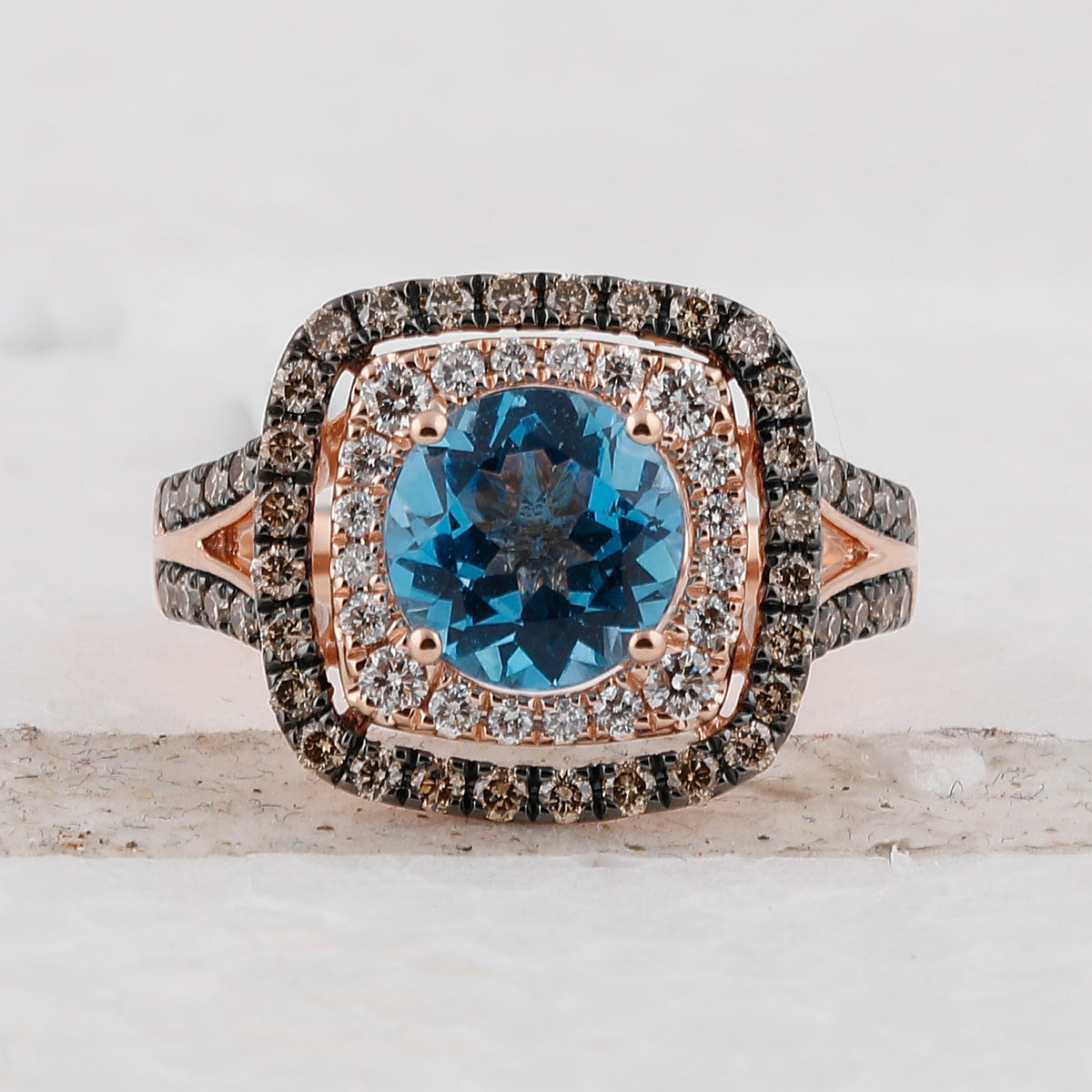 Radiant Blue Topaz Halo Ring in 14kt Rose Gold with Brown Diamonds - Splendid Jewellery