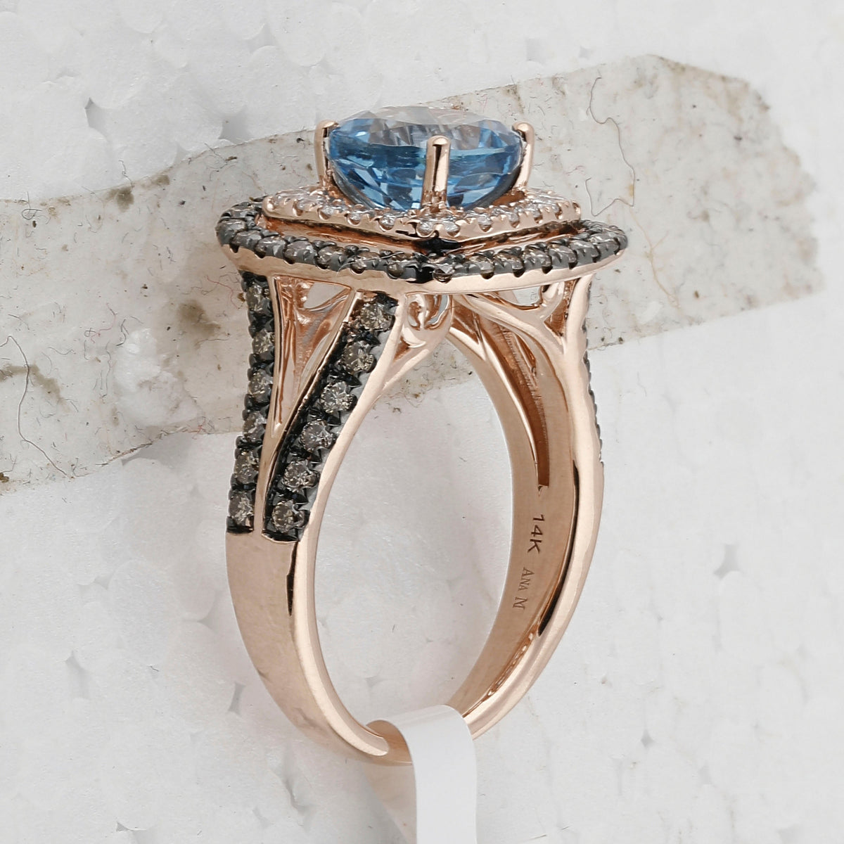Radiant Blue Topaz Halo Ring in 14kt Rose Gold with Brown Diamonds - Splendid Jewellery