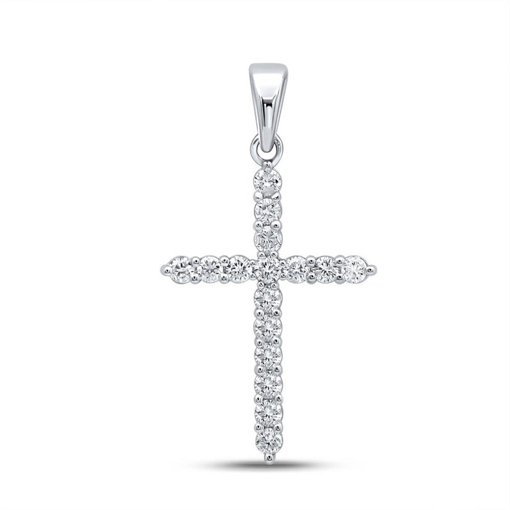 Radiant Cross of Brilliance: 10kt White Gold Womens Round Diamond Cross Pendant 1/4 Cttw - Splendid Jewellery