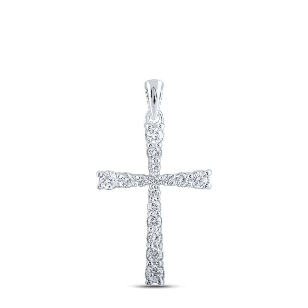 Radiant Devotion: 10kt White Gold Womens Round Diamond Cross Pendant 3/8 Cttw - Splendid Jewellery