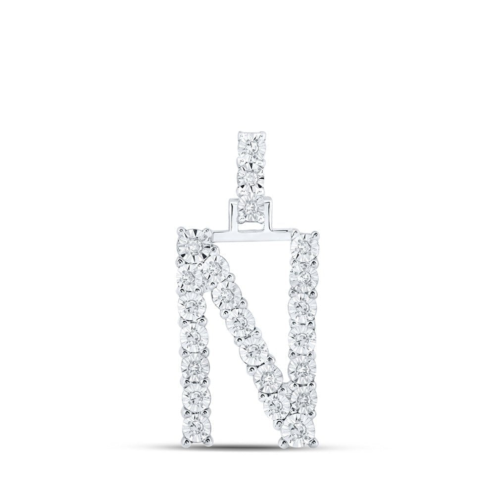 Radiant Diamond Initial Pendant - 10kt White Gold Womens Round Diamond N Initial Letter Pendant 1/8 Cttw - Splendid Jewellery