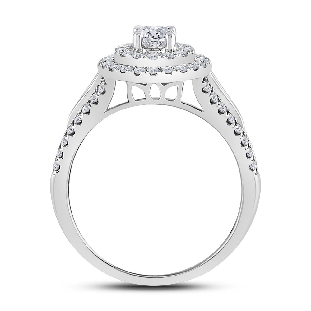 Radiant Elegance: 14kt White Gold Diamond Halo Bridal Wedding Ring Band Set - Splendid Jewellery