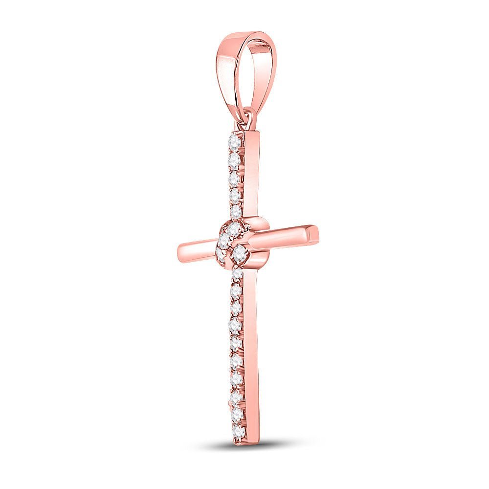 Radiant Faith: 10kt Rose Gold Womens Round Diamond Cross Pendant 1/12 Cttw - Splendid Jewellery